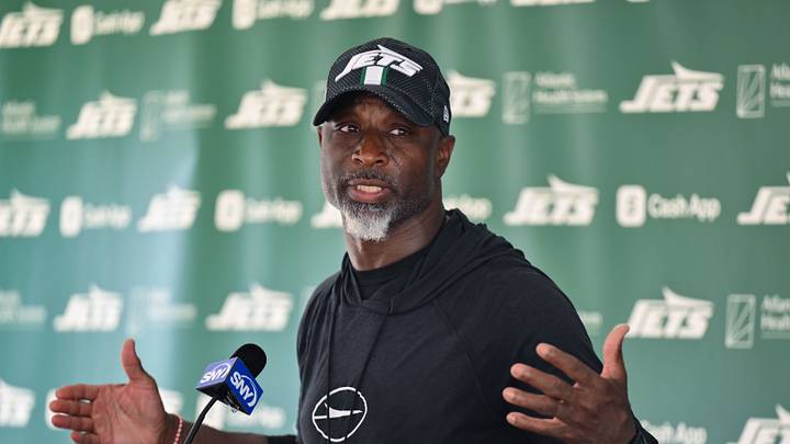 Jul 25, 2025; Florham Park, NJ, USA; New York Jets head coach Aaron Glenn speaks to the media during training camp at Atlantic Health Jets Training Center. Mandatory Credit: John Jones-Imagn Images