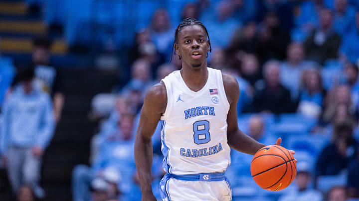 Nov 11, 2025; Chapel Hill, North Carolina, USA; North Carolina Tar Heels forward Caleb Wilson (8) brings the ball up court against the Radford Highlanders in the second half at Dean E. Smith Center. Nov 11, 2025; Chapel Hill, North Carolina, USA; North Carolina Tar Heels forward Caleb Wilson (8) brings the ball up court against the Radford Highlanders in the second half at Dean E. Smith Center.
