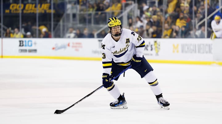 Mar 7, 2025; Ann Arbor, MI, USA;  Michigan Wolverines forward T.J. Hughes (13) skates against Penn State  during a Big Ten Tournament quarter final game at Yost Arena. 