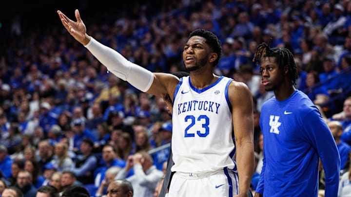Kentucky Wildcats forward Mo Dioubate (23) reacts during game against the Mississippi State Bulldogs. Mandatory Credit: Jordan Prather-Imagn Images