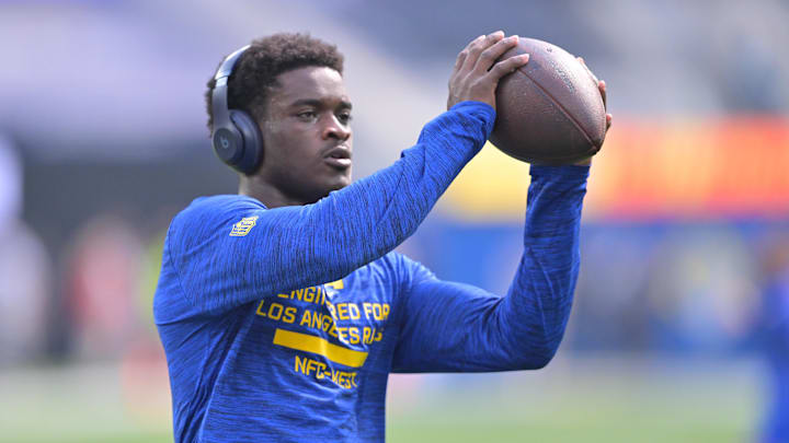 Nov 2, 2025; Inglewood, California, USA; Los Angeles Rams cornerback Roger McCreary (25) warms up during pregame of a game against the New Orleans Saints at SoFi Stadium. Mandatory Credit: Jayne Kamin-Oncea-Imagn Images