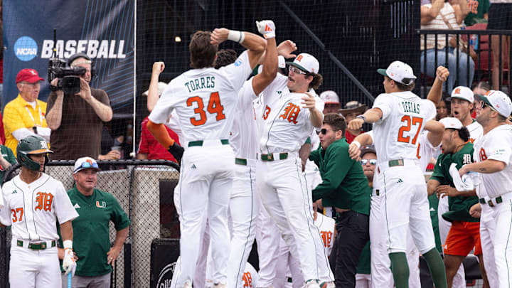 Miami celebrates after Miami infielder Daniel Cuvet’s home run during the NCAA baseball Super Regional game 2 at Jim Patterson Stadium on June 7, 2025 in Louisville, Ky.