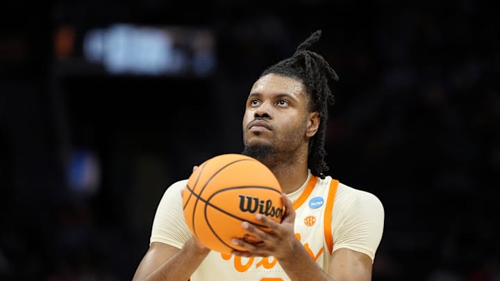 Mar 21, 2024; Charlotte, NC, USA; Tennessee Volunteers forward Jonas Aidoo (0) prepares to shoot in