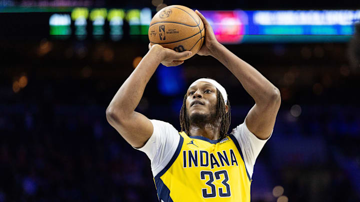 Dec 13, 2024; Philadelphia, Pennsylvania, USA; Indiana Pacers center Myles Turner (33) shoots the ball against the Philadelphia 76ers during the first quarter at Wells Fargo Center. Mandatory Credit: Bill Streicher-Imagn Images Dec 13, 2024; Philadelphia, Pennsylvania, USA; Indiana Pacers center Myles Turner (33) shoots the ball against the Philadelphia 76ers during the first quarter at Wells Fargo Center. Mandatory Credit: Bill Streicher-Imagn Images