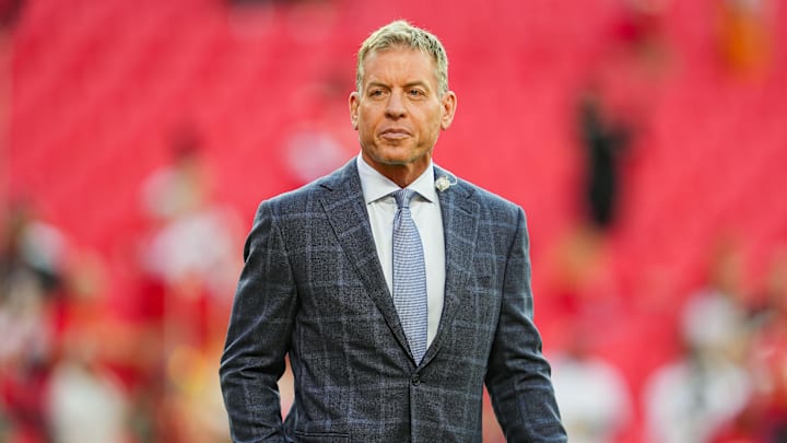 Oct 7, 2024; Kansas City, Missouri, USA; NFL hall of fame Troy Aikman prior to a game between the New Orleans Saints and the Kansas City Chiefs at GEHA Field at Arrowhead Stadium. Mandatory Credit: Jay Biggerstaff-Imagn Images