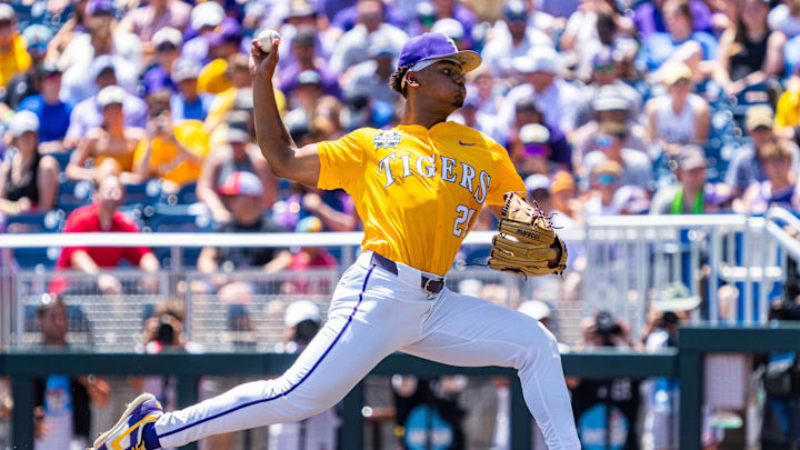 Jun 22, 2025; Omaha, Neb, USA; LSU Tigers starting pitcher Anthony Eyanson (24) pitches against the Coastal Carolina Chanticleers during the first inning at Charles Schwab Field. Mandatory Credit: Dylan Widger-Imagn Images Jun 22, 2025; Omaha, Neb, USA; LSU Tigers starting pitcher Anthony Eyanson (24) pitches against the Coastal Carolina Chanticleers during the first inning at Charles Schwab Field. Mandatory Credit: Dylan Widger-Imagn Images