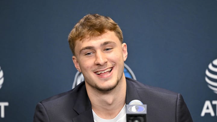 Jun 27, 2025; Dallas, TX, USA; Dallas Mavericks first overall pick Cooper Flagg speaks to the media during a press conference at the Dallas Mavericks Practice Facility. Mandatory Credit: Jerome Miron-Imagn Images