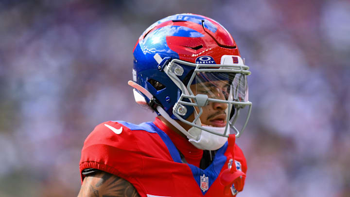 Sep 8, 2024; East Rutherford, New Jersey, USA; New York Giants wide receiver Jalin Hyatt (13) during the second half against the Minnesota Vikings at MetLife Stadium.  