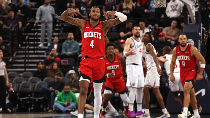 Houston Rockets guard Jalen Green reacts after a basket during the second quarter against the LA Clippers.