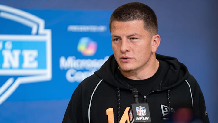 Feb 27, 2026; Indianapolis, IN, USA; Vanderbilt quarterback Diego Pavia (QB14) speaks to members of the media during the NFL Combine at the Indiana Convention Center. Mandatory Credit: Jacob Musselman-Imagn Images