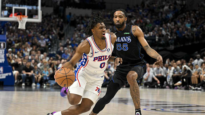 Mar 3, 2024; Dallas, Texas, USA; Philadelphia 76ers guard Tyrese Maxey (0) moves the ball past