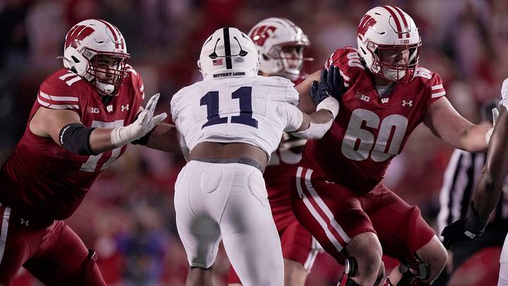 Wisconsin offensive lineman Riley Mahlman (71) and offensive lineman Joe Huber (60) are shown during the third quarter of their game Saturday, October 26, 2024 at Camp Randall Stadium in Madison, Wisconsin. Penn State beat Wisconsin 28-13.