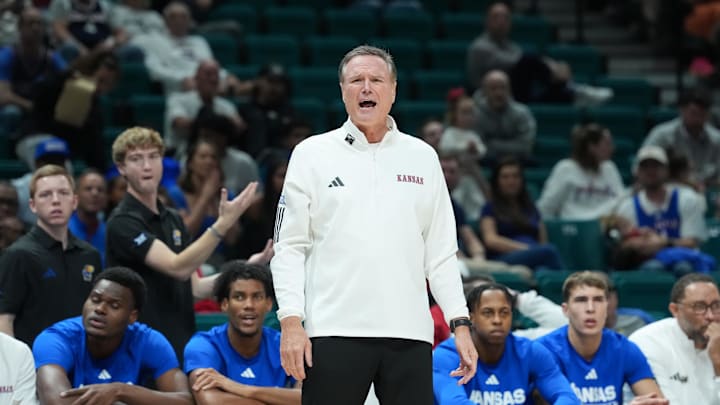 Nov 26, 2025; Las Vegas, NV, USA; Kansas Jayhawks head coach Bill Self reacts in the first half against the Tennessee Volunteers in the 2025 Players Era Festival third place game at MGM Grand Garden Arena. Mandatory Credit: Kirby Lee-Imagn Images