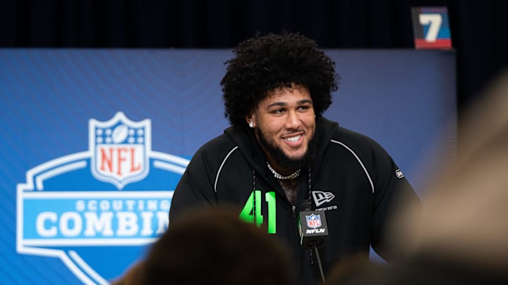 Feb 28, 2026; Indianapolis, IN, USA; Alabama offensive lineman Kadyn Proctor (OL41) speaks to members of the media during the NFL Combine at the Indiana Convention Center. Mandatory Credit: Jacob Musselman-Imagn Images Feb 28, 2026; Indianapolis, IN, USA; Alabama offensive lineman Kadyn Proctor (OL41) speaks to members of the media during the NFL Combine at the Indiana Convention Center. Mandatory Credit: Jacob Musselman-Imagn Images