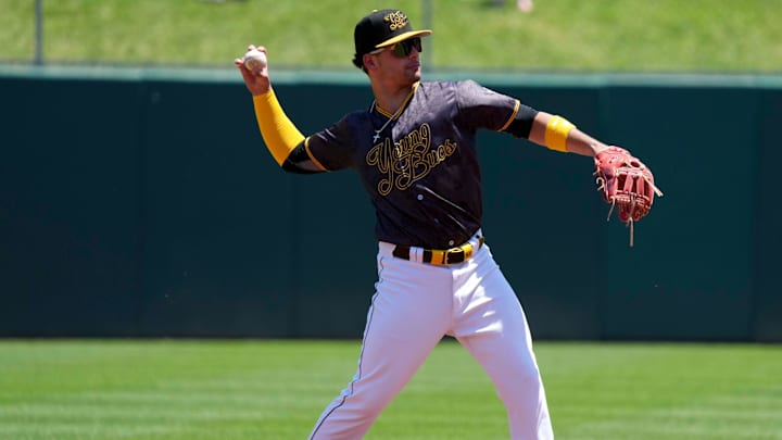 Indianapolis Indians second baseman Nick Yorke (24) throws a ball before the start of an inning during a game against the Louisville Bats on Sunday, May 18, 2025, at Victory Field in Indianapolis.