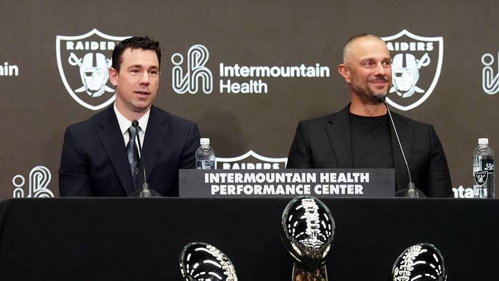 Feb 10, 2026; Henderson, NV, USA; Las Vegas Raiders coach Klint Kubiak (left) and general manager John Spytek at introductory press conference at Intermountain Health Performance Center. Mandatory Credit: Kirby Lee-Imagn Images