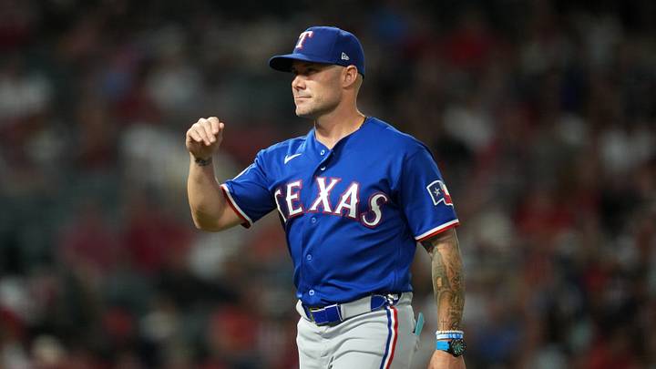 Texas Rangers manager Skip Schumaker (55) reacts in the sixth inning Texas Rangers manager Skip Schumaker (55) reacts in the sixth inning