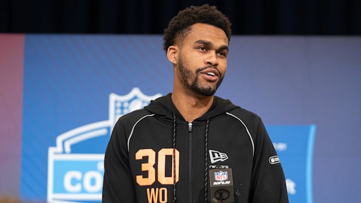 Feb 27, 2026; Indianapolis, IN, USA; TCU wideout Eric MCalister (WO30) speaks to members of the media during the NFL Combine at the Indiana Convention Center. Mandatory Credit: Jacob Musselman-Imagn Images