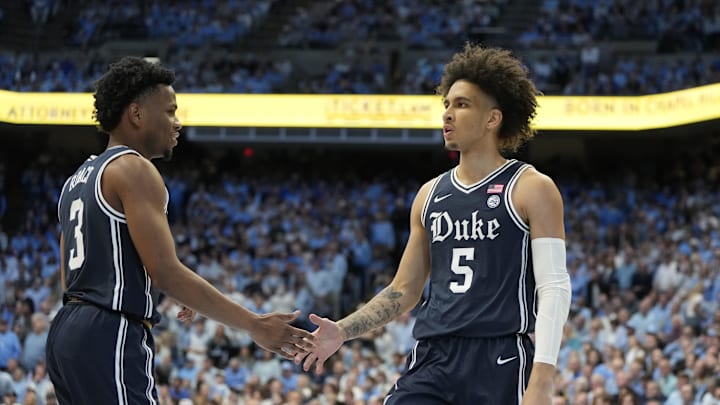Feb 3, 2024; Chapel Hill, North Carolina, USA;  Duke Blue Devils guard Jeremy Roach (3) reacts with