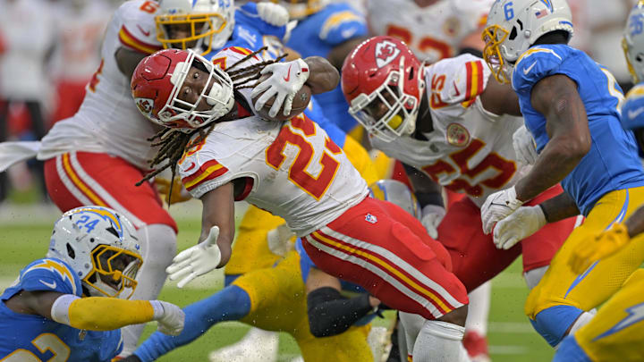 Sep 29, 2024; Inglewood, California, USA;  Kansas City Chiefs running back Kareem Hunt (29) carries the ball to the 3 yard line and scored a touchdown on the next play in the second half against the Los Angeles Chargers at SoFi Stadium. Mandatory Credit: Jayne Kamin-Oncea-Imagn Images