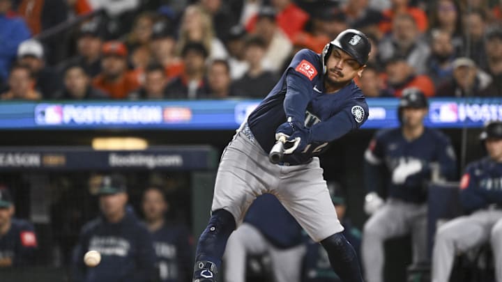 Oct 7, 2025; Detroit, Michigan, USA; Seattle Mariners first baseman Josh Naylor (12) grounds out in the second inning against the Detroit Tigers during game three of the ALDS round for the 2025 MLB playoffs at Comerica Park. Mandatory Credit: Lon Horwedel-Imagn Images Oct 7, 2025; Detroit, Michigan, USA; Seattle Mariners first baseman Josh Naylor (12) grounds out in the second inning against the Detroit Tigers during game three of the ALDS round for the 2025 MLB playoffs at Comerica Park. Mandatory Credit: Lon Horwedel-Imagn Images