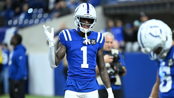 Nov 30, 2025; Indianapolis, Indiana, USA; Indianapolis Colts cornerback Sauce Gardner (1) warms up before a game against the Houston Texans at Lucas Oil Stadium.