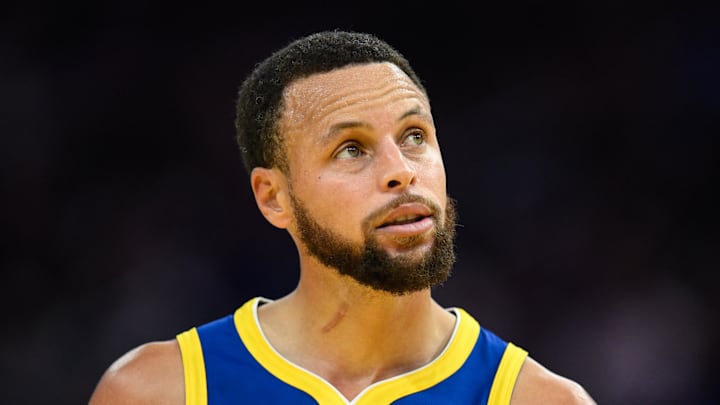 Nov 4, 2025; San Francisco, California, USA; Golden State Warriors guard Stephen Curry (30) looks on against the Phoenix Suns in the third quarter at Chase Center. Mandatory Credit: Eakin Howard-Imagn Images