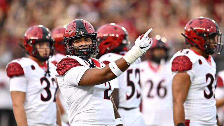 Sep 6, 2025; Pullman, Washington, USA; San Diego State Aztecs edge Trey White (2). Sep 6, 2025; Pullman, Washington, USA; San Diego State Aztecs edge Trey White (2).