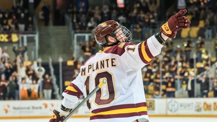 Minnesota Duluth's Max Plante celebrates after scoring. Minnesota Duluth's Max Plante celebrates after scoring.