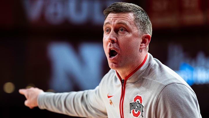 Feb 9, 2025; Lincoln, Nebraska, USA; Ohio State Buckeyes head coach Jake Diebler reacts after a call during the first half against the Nebraska Cornhuskers at Pinnacle Bank Arena. Mandatory Credit: Dylan Widger-Imagn Images