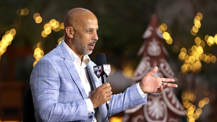 Dec 10, 2024; Dallas, TX, USA; Boston Red Sox manager Alex Cora talks on the set of the MLB Network at Hilton Anatole. Mandatory Credit: Tim Heitman-Imagn Images
