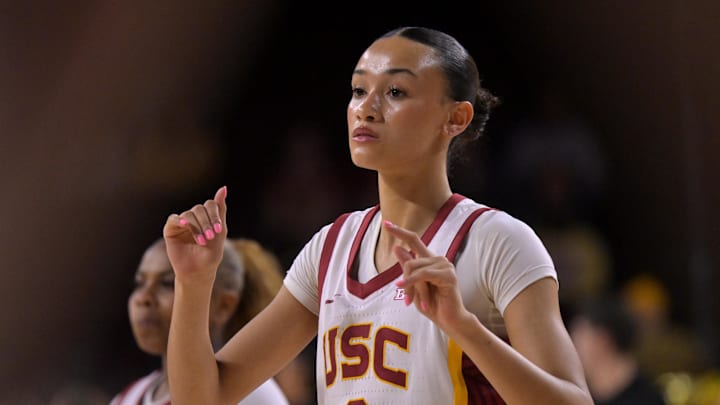 Jan 29, 2026; Los Angeles, California, USA; USC Trojans guard Jazzy Davidson (9) warms up prior to the game against the Iowa Hawkeyes at Galen Center. Mandatory Credit: Jayne Kamin-Oncea-Imagn Images Jan 29, 2026; Los Angeles, California, USA; USC Trojans guard Jazzy Davidson (9) warms up prior to the game against the Iowa Hawkeyes at Galen Center. Mandatory Credit: Jayne Kamin-Oncea-Imagn Images