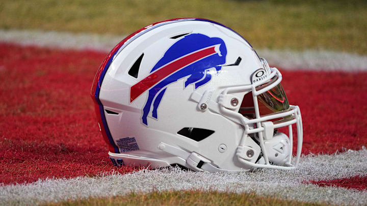 A detailed view of the Buffalo Bills helmet.