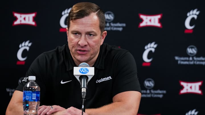 Jan 17, 2026; Cincinnati, Ohio, USA;  Iowa State Cyclones head coach T.J. Otzelberger answers questions from the media after his team’s game against Cincinnati Bearcats at Fifth Third Arena.