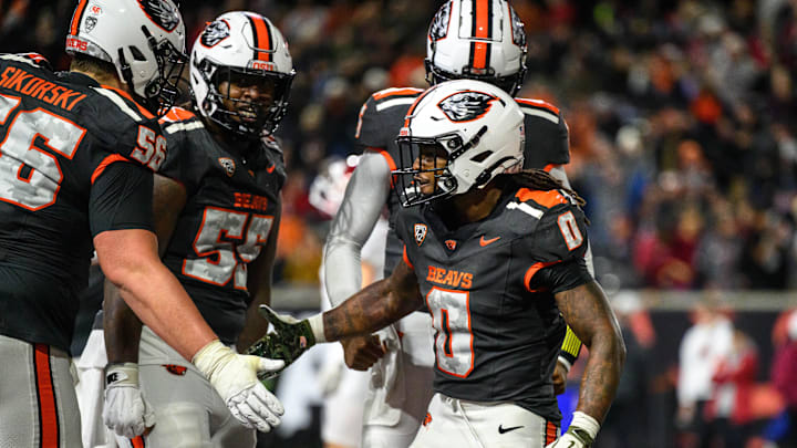 Nov 1, 2025; Corvallis, Oregon, USA; Oregon State Beavers running back Anthony Hankerson (0) is congratulated in the end zone for a running touchdown against the Washington State Cougars during the fourth quarter at Reser Stadium. Mandatory Credit: Craig Strobeck-Imagn Images