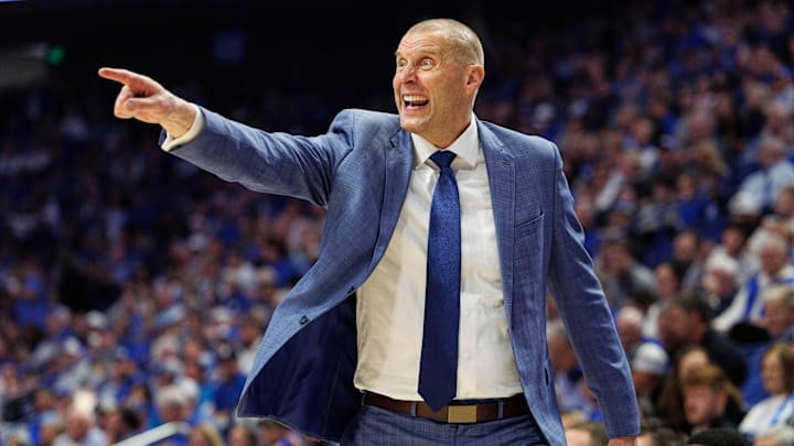 Nov 19, 2024; Lexington, Kentucky, USA; Kentucky Wildcats head coach Mark Pope directs his players during the second half against the Lipscomb Bisons at Rupp Arena at Central Bank Center. Mandatory Credit: Jordan Prather-Imagn Images