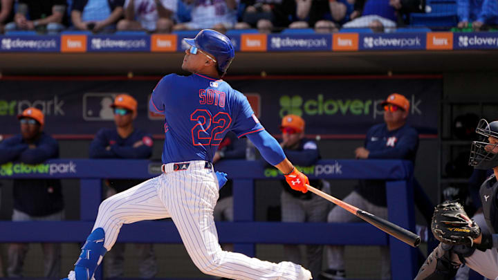 Feb 22, 2025; Port St. Lucie, Florida, USA; New York Mets outfielder Juan Soto (22) hits a home run in his first at bat for the Mets against the Houston Astros in the first inning at Clover Park. Feb 22, 2025; Port St. Lucie, Florida, USA; New York Mets outfielder Juan Soto (22) hits a home run in his first at bat for the Mets against the Houston Astros in the first inning at Clover Park.