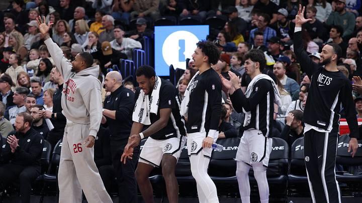 Jan 30, 2026; Salt Lake City, Utah, USA; The Brooklyn Nets bench reacts after a basket against the Utah Jazz during the second half at Delta Center. Mandatory Credit: Rob Gray-Imagn Images