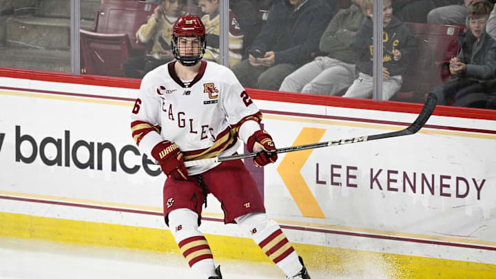 Feb 28, 2025; Chestnut Hill, MA, USA; Boston College defenseman Will Skahan (26) skates against the University of New Hampshire Wildcats during the third period at Conte Forum. Mandatory Credit: Eric Canha-Imagn Images