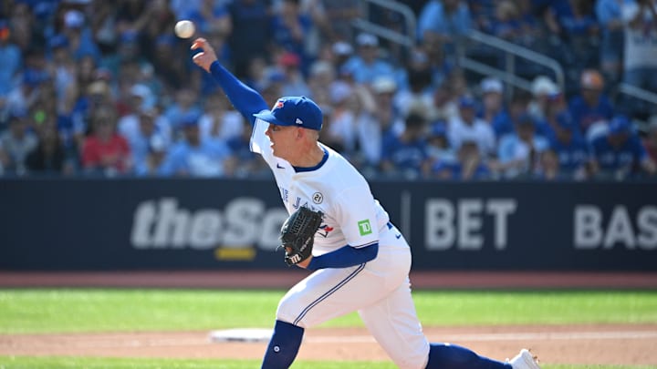 Toronto Blue Jays relief pitcher Chad Green (57) delivers a pitch against the St. Louis Cardinals in the ninth inning at Rogers Centre on Sept 15. Toronto Blue Jays relief pitcher Chad Green (57) delivers a pitch against the St. Louis Cardinals in the ninth inning at Rogers Centre on Sept 15.