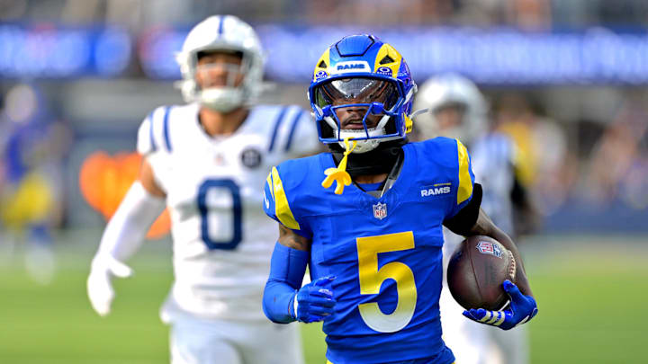 Sep 28, 2025; Inglewood, California, USA; Los Angeles Rams wide receiver Tutu Atwell (5) runs for a touchdown on an 88 yard pass play in the fourth quarter against the Indianapolis Colts at SoFi Stadium. Mandatory Credit: Jayne Kamin-Oncea-Imagn Images Sep 28, 2025; Inglewood, California, USA; Los Angeles Rams wide receiver Tutu Atwell (5) runs for a touchdown on an 88 yard pass play in the fourth quarter against the Indianapolis Colts at SoFi Stadium. Mandatory Credit: Jayne Kamin-Oncea-Imagn Images