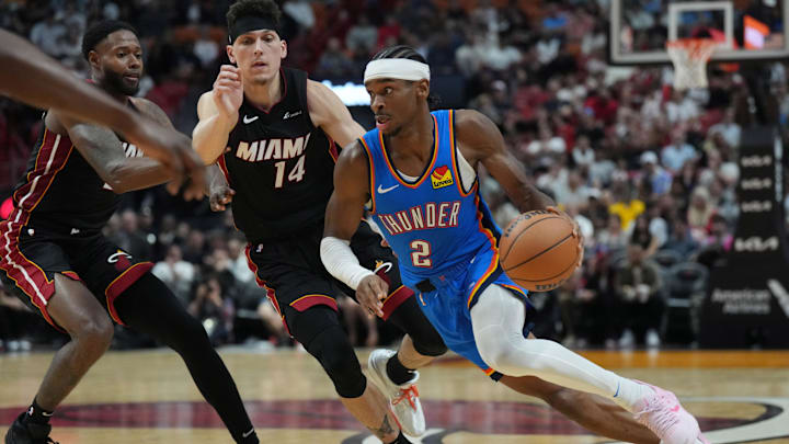 Jan 10, 2024; Miami, Florida, USA;  Oklahoma City Thunder guard Shai Gilgeous-Alexander (2) drives