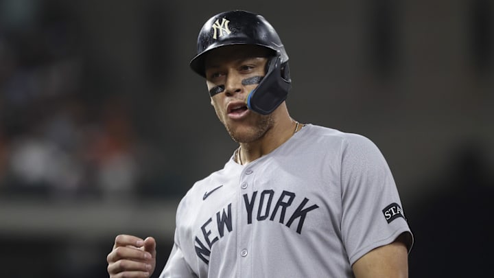 Sep 2, 2025; Houston, Texas, USA; New York Yankees designated hitter Aaron Judge (99) reacts during the fifth inning against the Houston Astros at Daikin Park. Mandatory Credit: Troy Taormina-Imagn Images