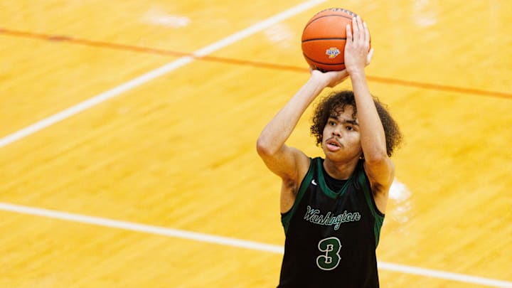 Washington's Steven Reynolds III shoots a free throw during an IHSAA 3A Sectional boys basketball game between Saint Joseph and Washington at Plymouth High School on Wednesday, March 5, 2025, in Plymouth.