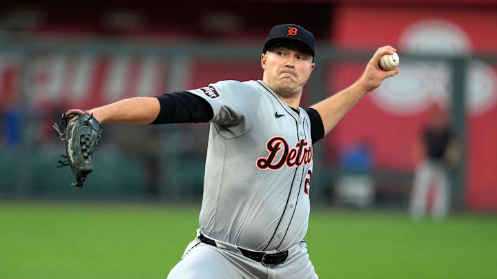 Tarik Skubal fires a pitch against the Kansas City Royals. 