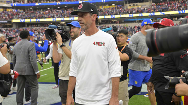 Sep 22, 2024; Inglewood, California, USA;  San Francisco 49ers head coach Kyle Shanahan walks on the field following the game at SoFi Stadium. Mandatory Credit: Jayne Kamin-Oncea-Imagn Images