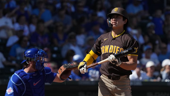 Feb 24, 2026; Mesa, Arizona, USA; San Diego Padres third baseman Sung-Mun Song (24) reacts after striking out against the Chicago Cubs in the first inning at Sloan Park. Mandatory Credit: Rick Scuteri-Imagn Images