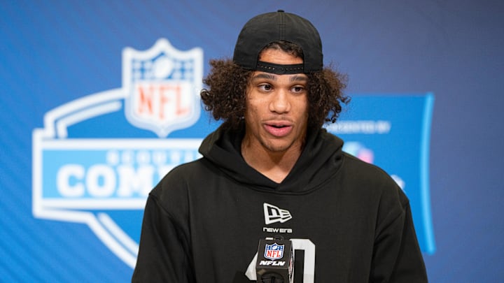 Feb 27, 2026; Indianapolis, IN, USA; Arizona State wideout Jordyn Tyson (WO40) speaks to members of the media during the NFL Combine at the Indiana Convention Center. Mandatory Credit: Jacob Musselman-Imagn Images Feb 27, 2026; Indianapolis, IN, USA; Arizona State wideout Jordyn Tyson (WO40) speaks to members of the media during the NFL Combine at the Indiana Convention Center. Mandatory Credit: Jacob Musselman-Imagn Images
