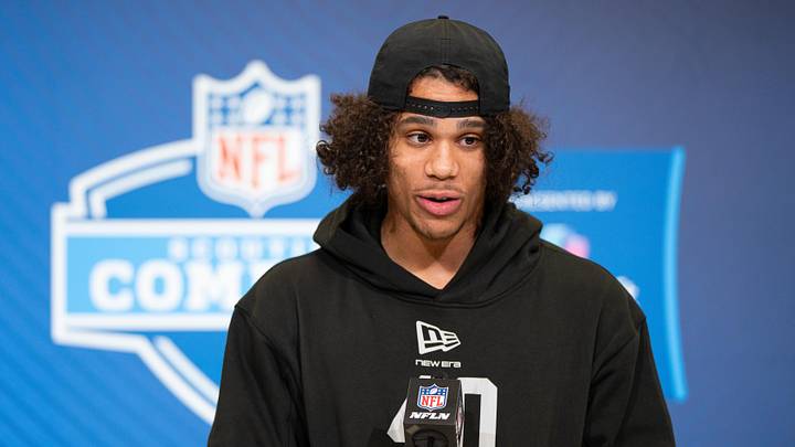 Feb 27, 2026; Indianapolis, IN, USA; Arizona State wideout Jordyn Tyson (WO40) speaks to members of the media during the NFL Combine at the Indiana Convention Center. Feb 27, 2026; Indianapolis, IN, USA; Arizona State wideout Jordyn Tyson (WO40) speaks to members of the media during the NFL Combine at the Indiana Convention Center.