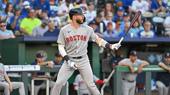Kansas City, Missouri, USA; Boston Red Sox shortstop Trevor Story (10) at bat in the second inning against the Kansas City Royals at Kauffman Stadium. Kansas City, Missouri, USA; Boston Red Sox shortstop Trevor Story (10) at bat in the second inning against the Kansas City Royals at Kauffman Stadium.